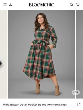 BloomChic Green and Red Plaid Midi Shirt Dress with Belt
